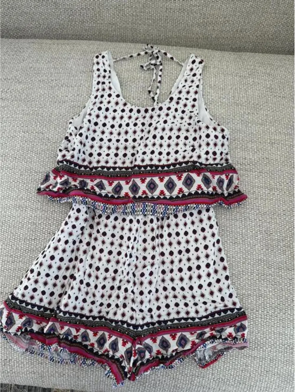 Truly Me by Sara Sara Girls Romper Size 12 White Boho Geometric Ruffle Overlay